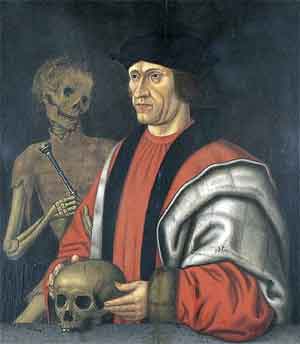 Portrait of Robert Janny in mayoral robes holding a skull wih seleton in background